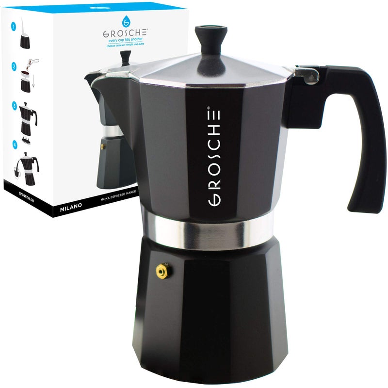 GROSCHE Milano Moka pot, Stovetop Espresso maker, Greca Coffee Maker, Stovetop coffee maker and espresso maker percolator (Black, 12 cup) - Image 1